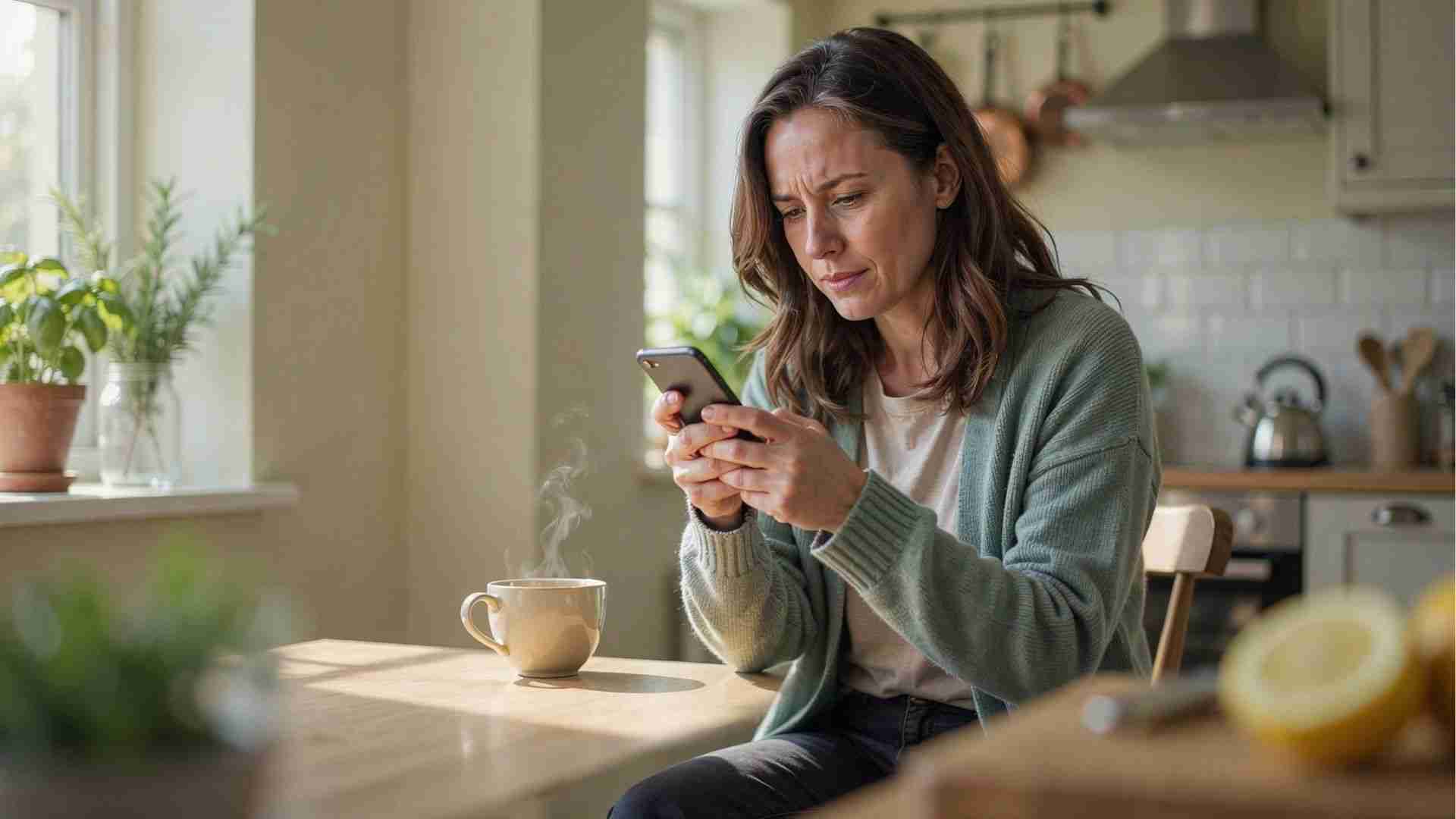 results-normal A woman sitting in a bright kitchen looking at her phone with a mixed expression after receiving normal blood test results.